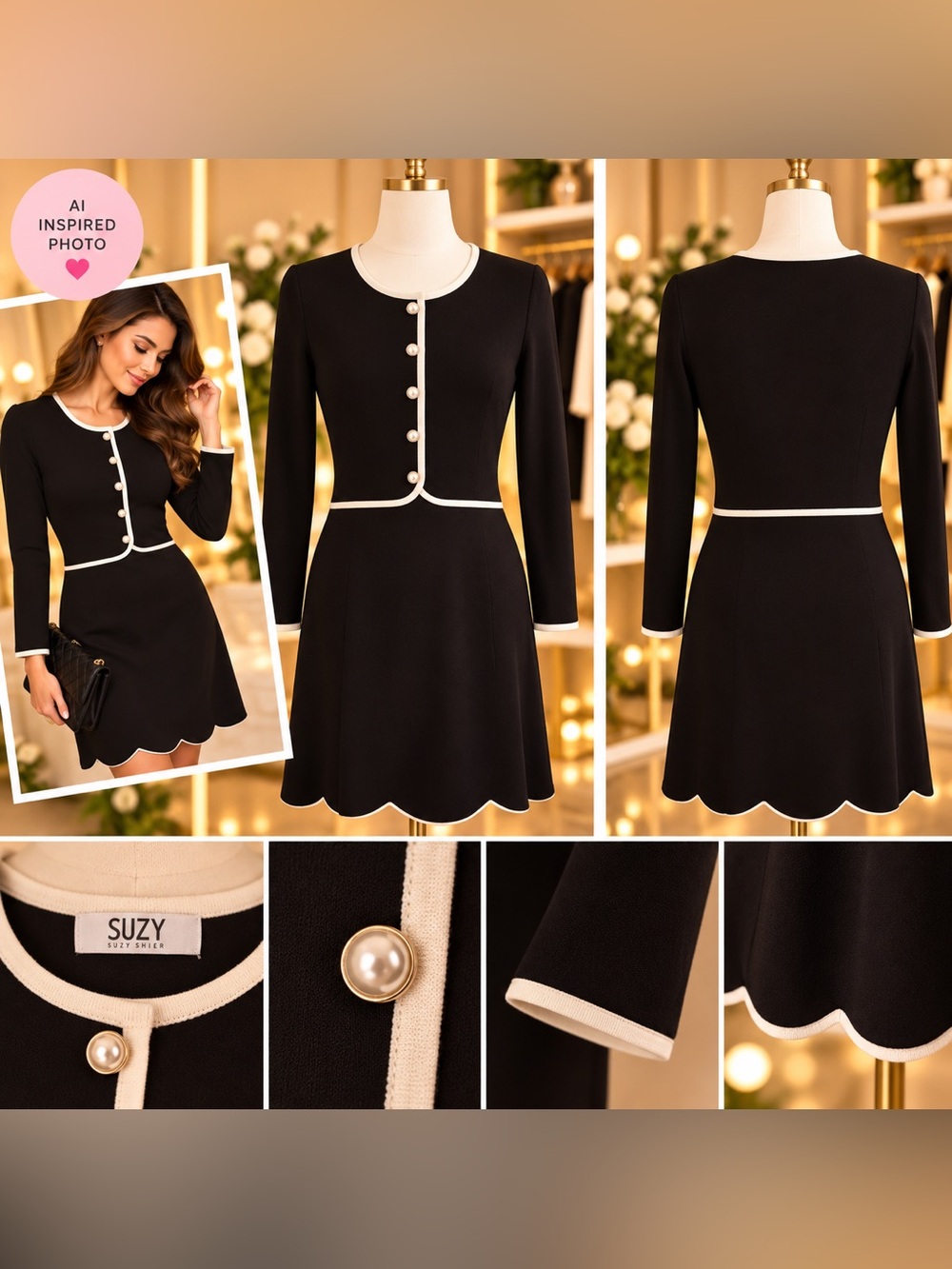 Elegant Black Contrast-Trim Pearl Button Fit & Flare Dress